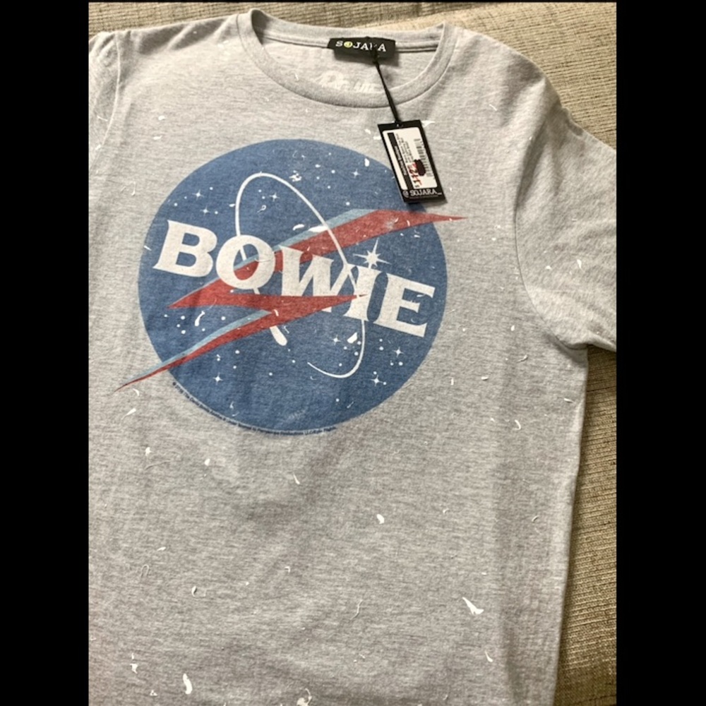 NWT Women’s SOJARA David Bowie Splatter Paint Tee in Gray, Size Small
